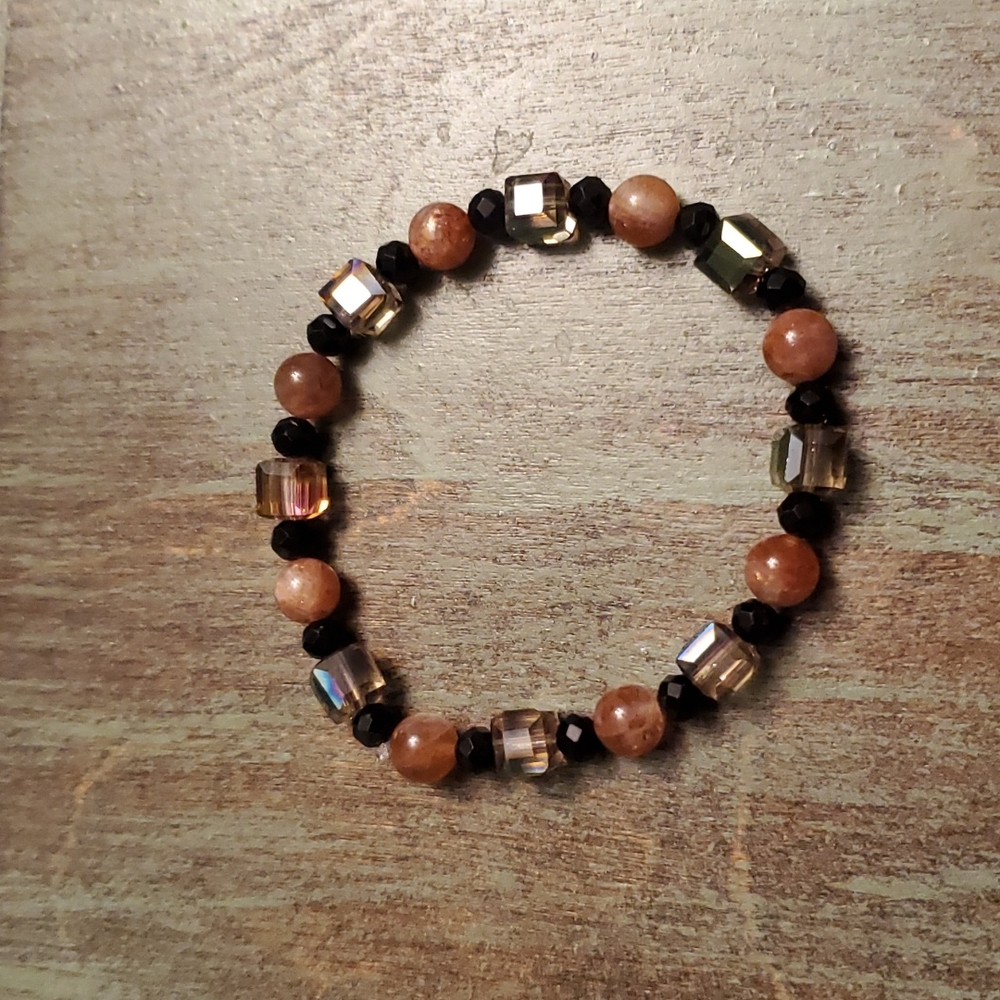 Genuine sunstone, black tourmaline, and crystal cubes bracelet